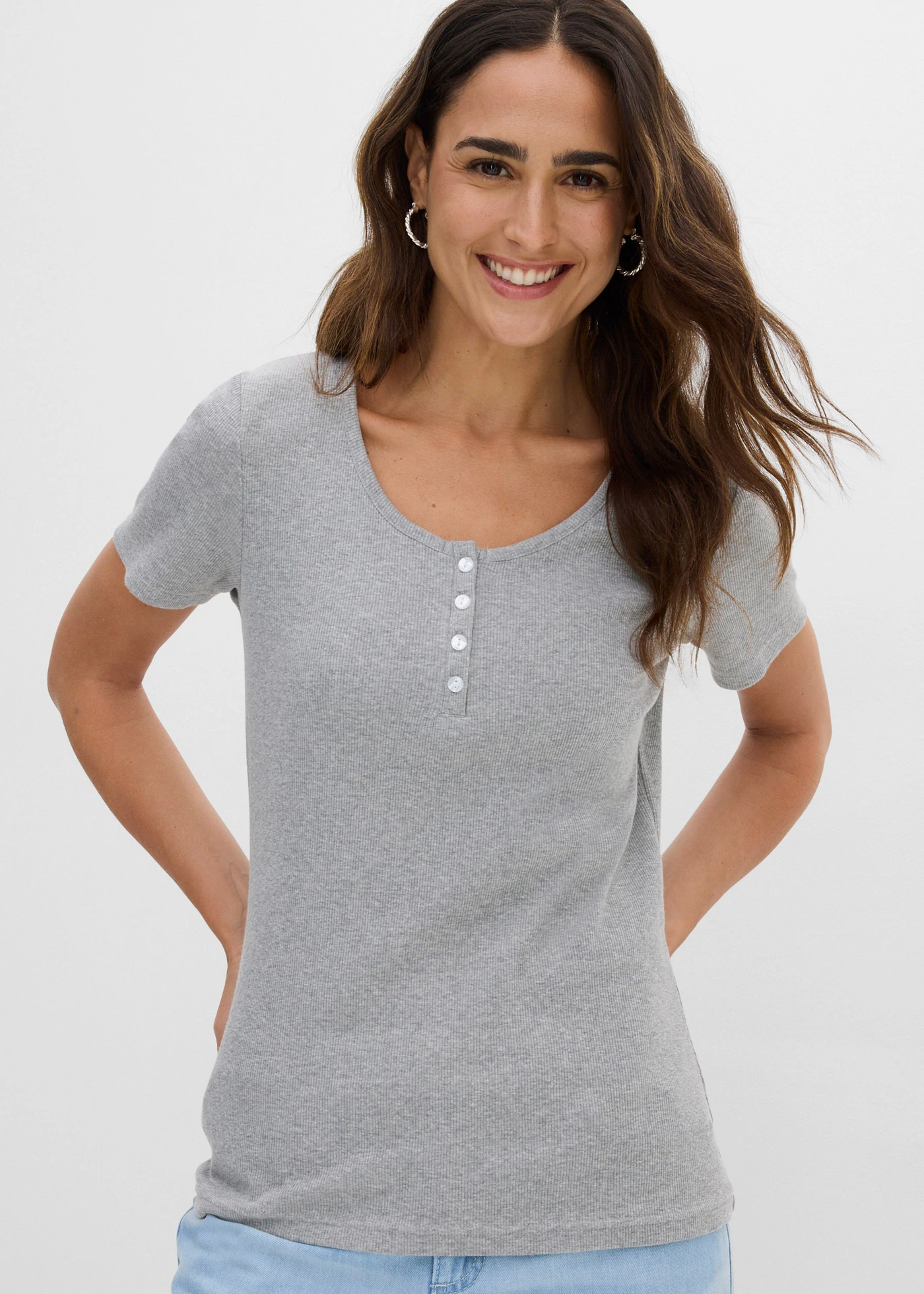 T-shirt col tunisien, 100% coton • gris clair chiné • Boutique bonprix
