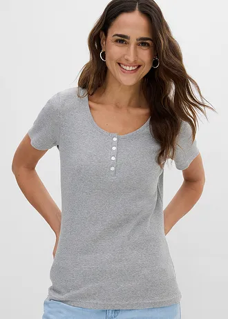 Bluzka z dekoltem henley z czystej bawełny organicznej • jasnoszary melanż • sklep bonprix