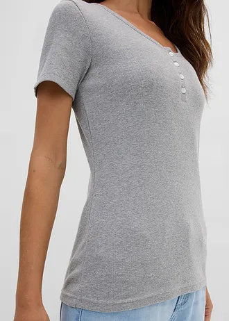 T-shirt col tunisien, 100% coton • gris clair chiné • Boutique bonprix