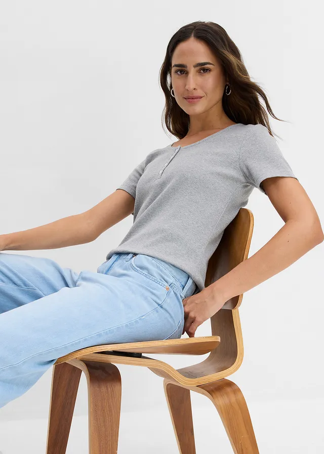 T-shirt col tunisien, 100% coton • gris clair chiné • product-page.page-title-suffix