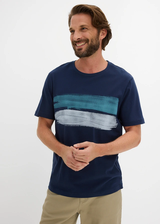 Lot de 2 T-shirts 100% coton, Couleur: bleu foncé-blanc imprimé