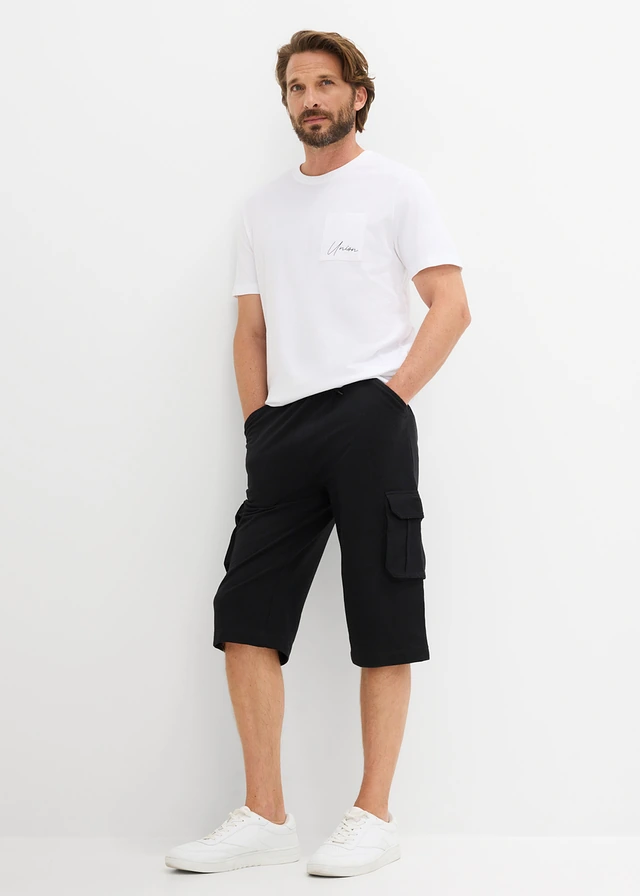 T-shirt en lange cargobermuda van biologisch katoen (2-dlg. set), Kleur: zwart+wit