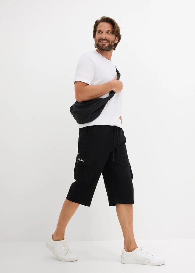 T-shirt en lange cargobermuda van biologisch katoen (2-dlg. set), Kleur: zwart+wit