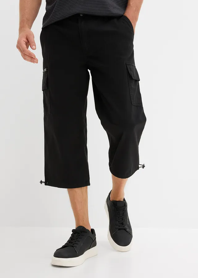 Pantalon 3/4 100% coton, taille élastiquée et poches cargo, Couleur: noir