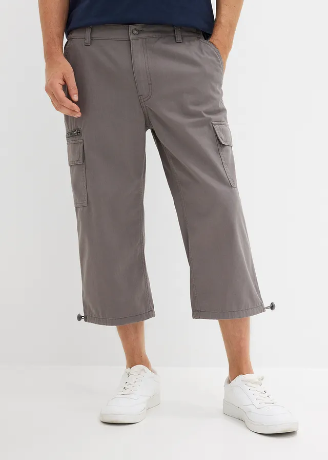 3/4 cargobroek met elastische tailleband van puur katoen, Kleur: rookgrijs