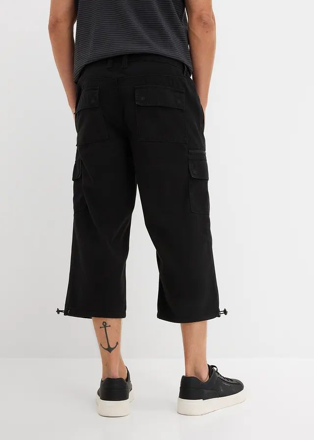 3/4 cargobroek met elastische tailleband van puur katoen, Kleur: zwart