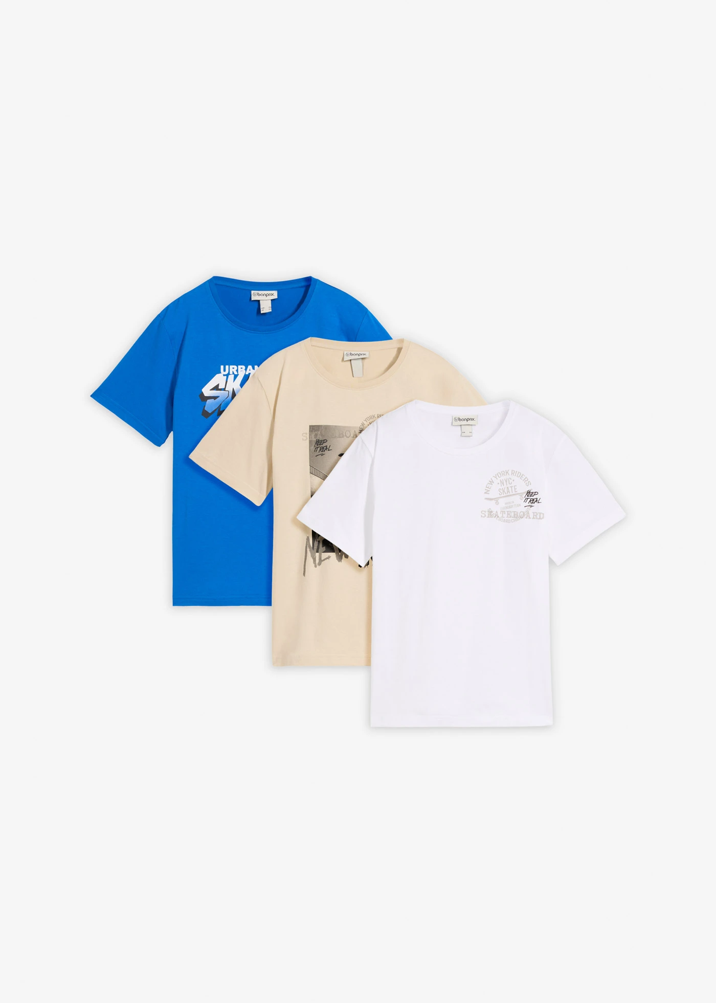 T-shirt van puur biologisch katoen (set van 3) • azuurblauw+wit+lichtsand met print • bonprix online shop