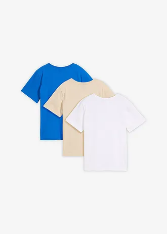 Lot de 3 T-shirts 100% coton • bleu azur+blanc+sable clair imprimé • Boutique bonprix