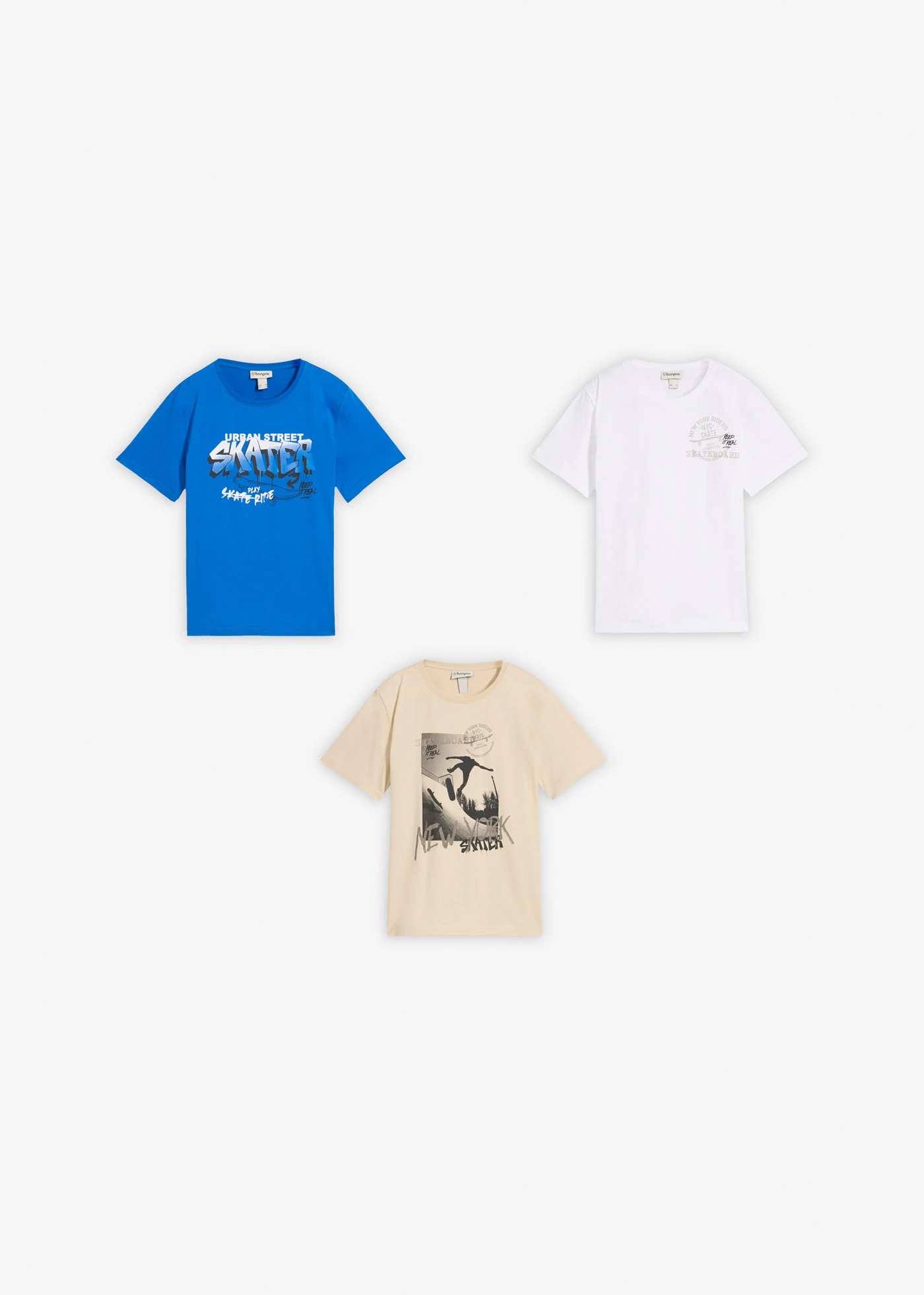 T-shirt van puur biologisch katoen (set van 3) • azuurblauw+wit+lichtsand met print • bonprix online shop