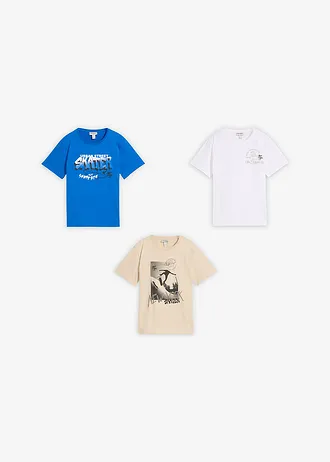 T-shirt van puur biologisch katoen (set van 3) • azuurblauw+wit+lichtsand met print • bonprix online shop