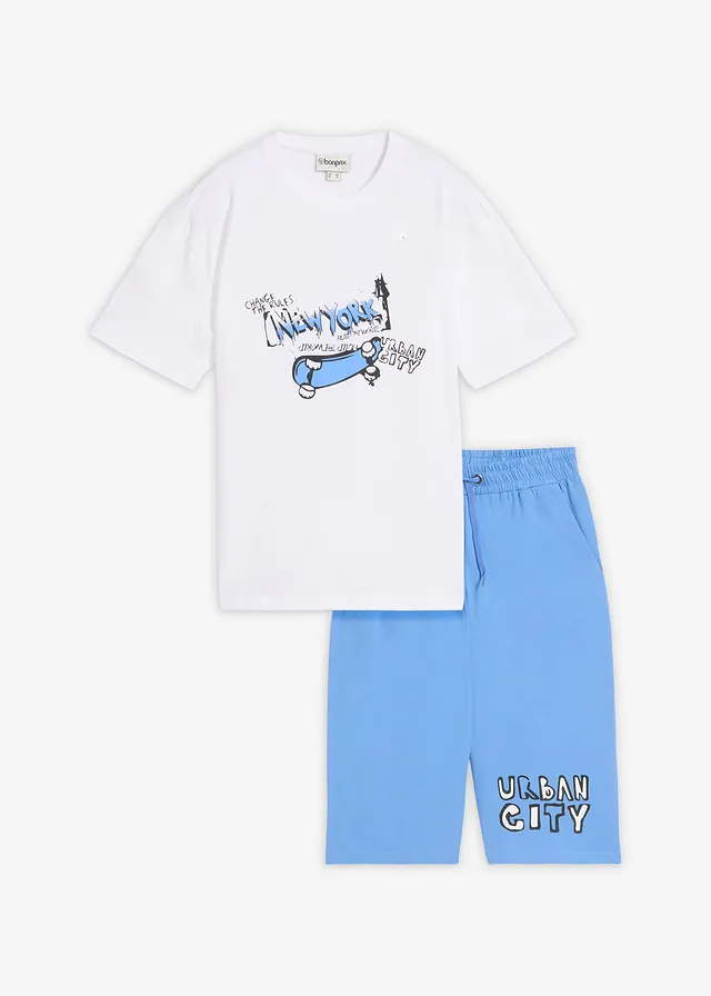 Loose fit T-shirt en lange jersey bermuda van puur biologisch katoen (2-dlg. set), Kleur: wit+middenblauw met print