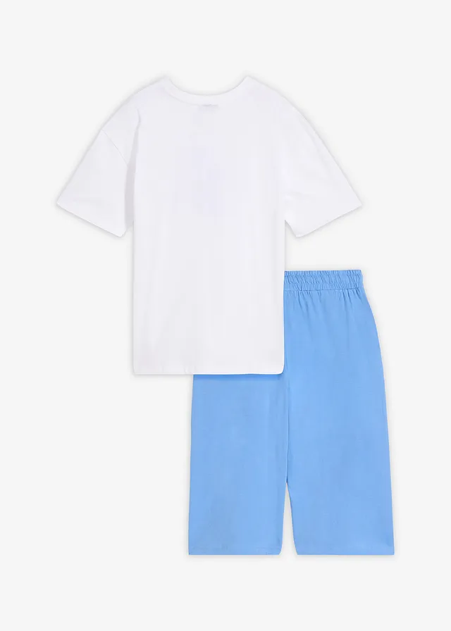 T-shirt loose et bermuda long en jersey 100% coton (ens. 2 pces), Couleur: blanc+bleu moyen imprimé