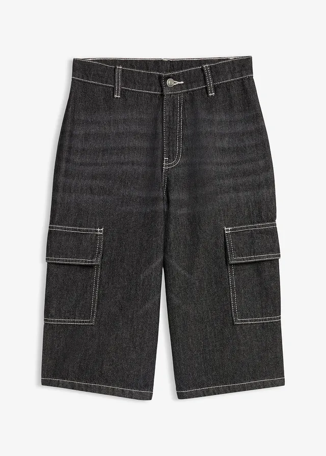 Jeans bermuda van puur katoen, loose fit, Kleur: zwart denim