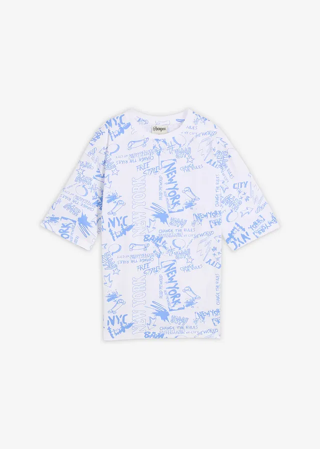 T-shirt van biologisch katoen, loose fit, Kleur: wit/middenblauw met print