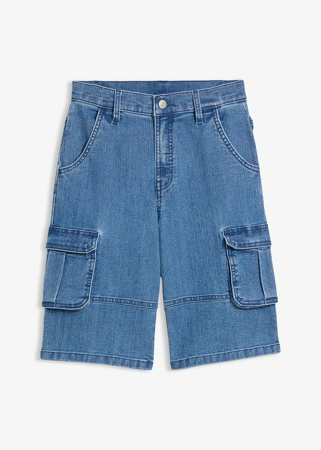 Cargo bermuda met verstelbare band, loose fit, Kleur: middenblauw denim