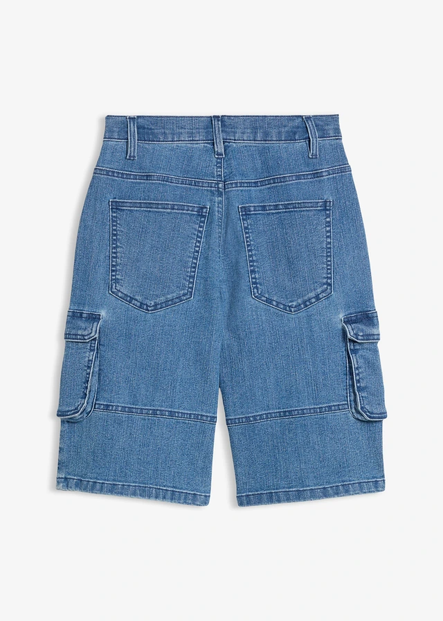 Cargo bermuda met verstelbare band, loose fit, Kleur: middenblauw denim
