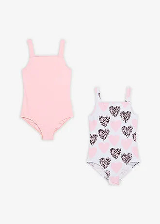 Costum de baie (set/2 buc.) • alb cu imprimeu + roz pal pudrat • magazin bonprix