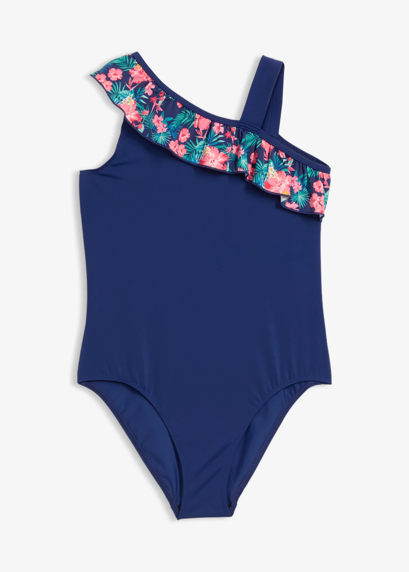 Maillot 1 pièce à encolure asymétrique et volant • bleu nuit-rose hibiscus floral • Boutique bonprix