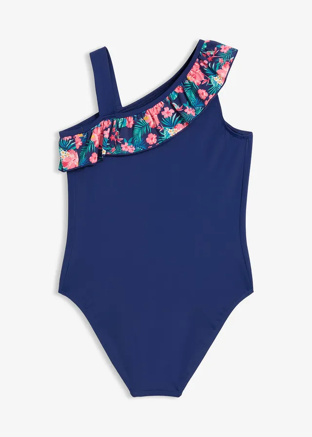 Badpak met one-shoulder look en volant, Kleur: middernachtblauw-hibiscuspink gebloemd