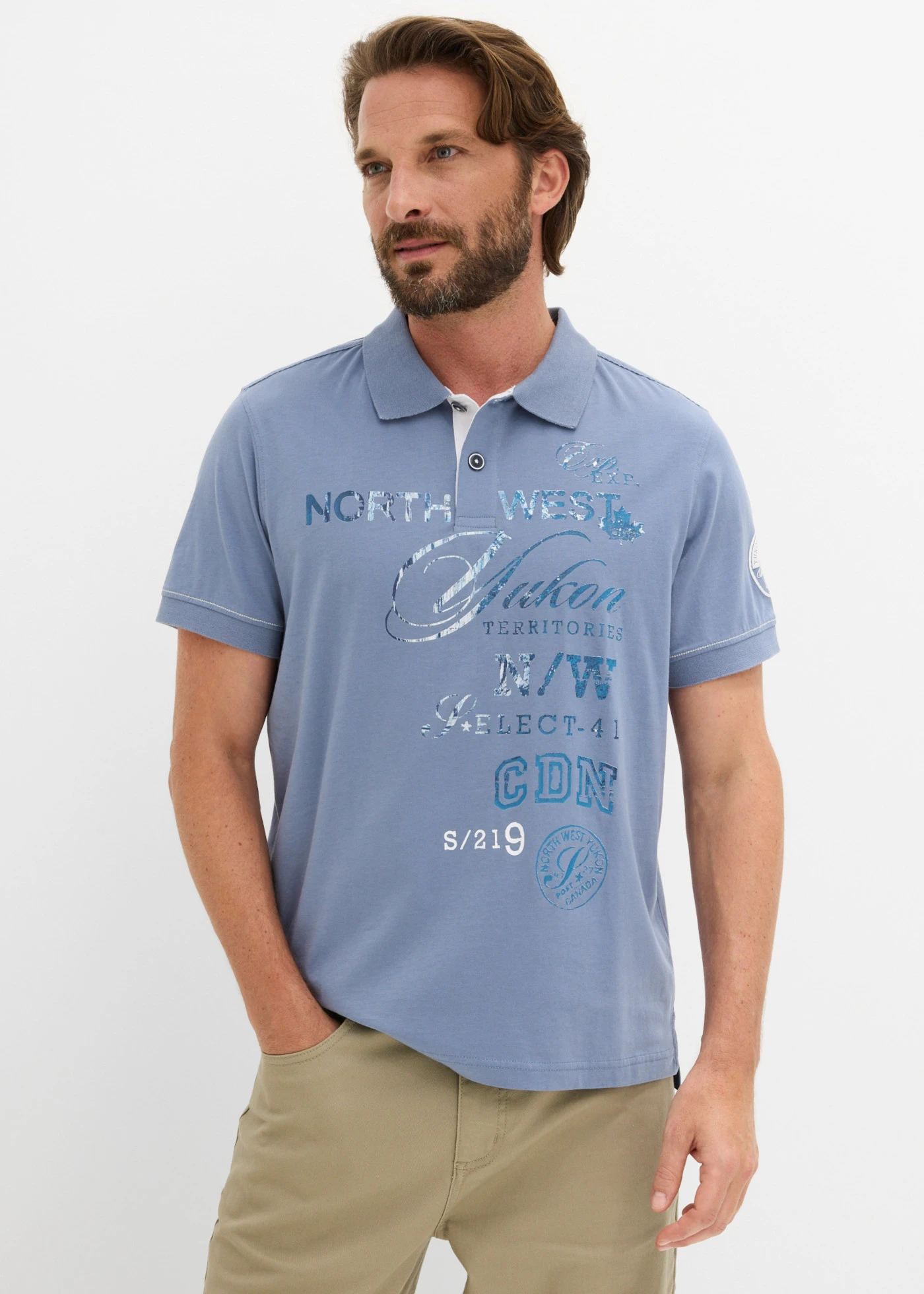 Jersey poloshirt, korte mouw • rookblauw met print • bonprix online shop