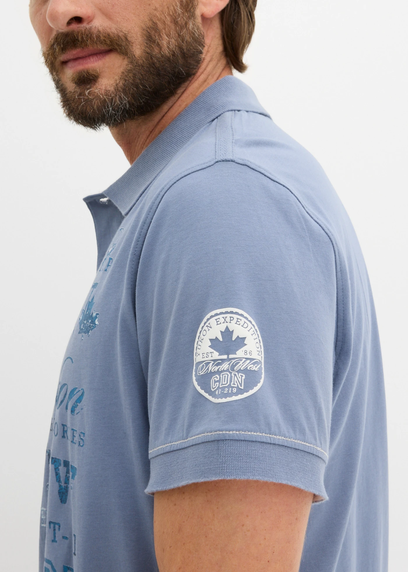 Jersey poloshirt, korte mouw • rookblauw met print • bonprix online shop