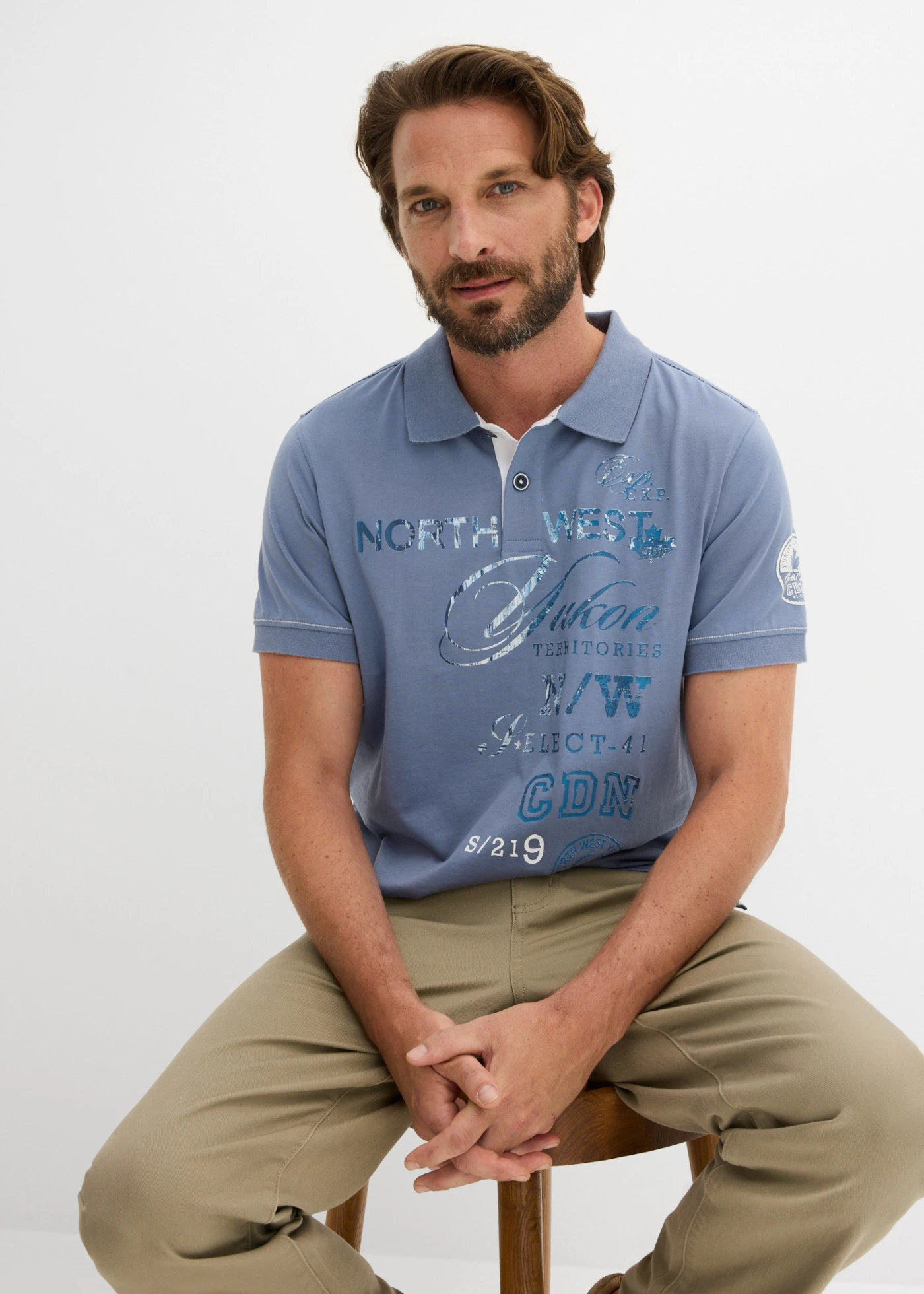 Jersey poloshirt, korte mouw • rookblauw met print • bonprix online shop