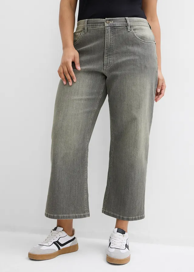 Jean large taille haute, cropped, Couleur: gris denim-olive used