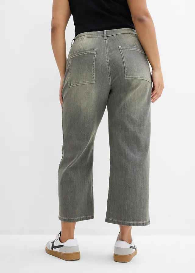 Jean large taille haute, cropped, Couleur: gris denim-olive used