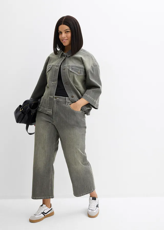 Wide leg jeans high waist, cropped, Kleur: grijs denim-olijfgroen used