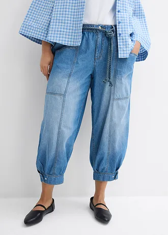 Barrel jeans mid waist met comfortband, Kleur: lichtblauw denim used