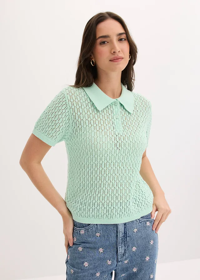 Pulover ajurat 100% din bumbac • verde-mentă deschis • magazin bonprix