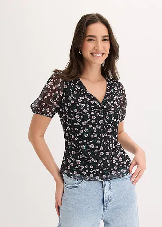 T-shirt en mesh délicat, Couleur: noir floral