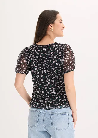 T-shirt en mesh délicat, Couleur: noir floral