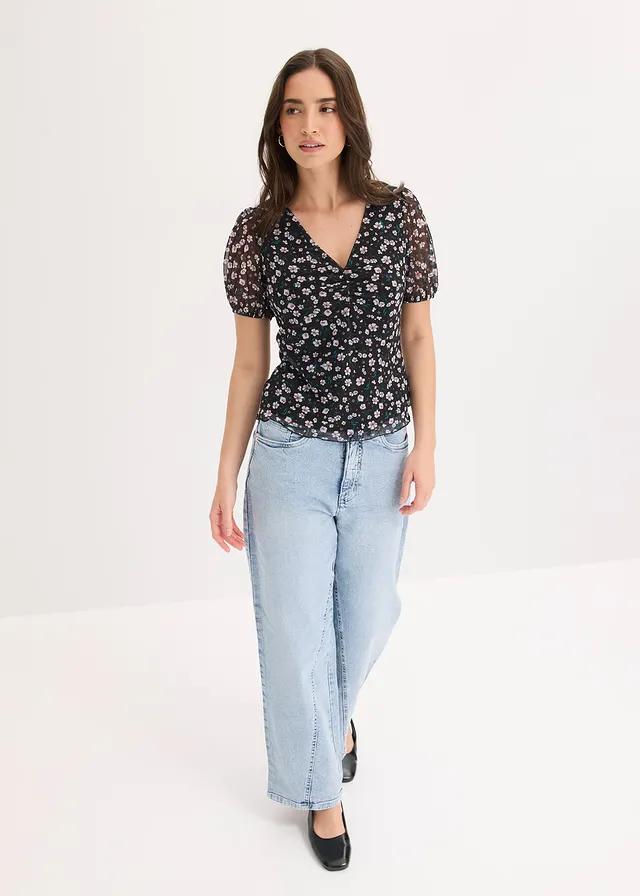 T-shirt en mesh délicat, Couleur: noir floral