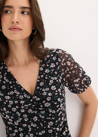 Bluză din mesh fin • negru înflorat • magazin bonprix