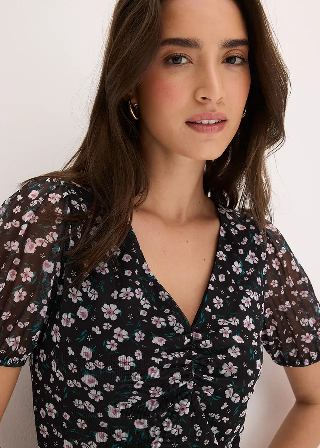 Shirt van zacht mesh • zwart gebloemd • product-page.page-title-suffix