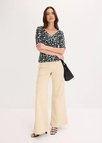 T-shirt en coton extensible, Couleur: noir floral