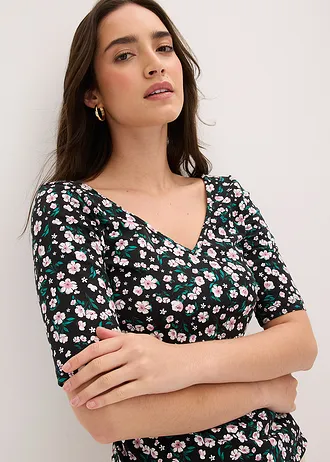 Bluză din material elastic cu bumbac • negru înflorat • magazin bonprix