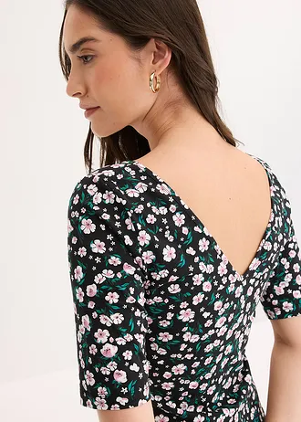 Bluză din material elastic cu bumbac • negru înflorat • magazin bonprix