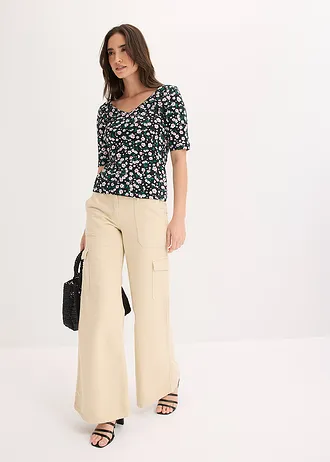 Bluză din material elastic cu bumbac • negru înflorat • magazin bonprix