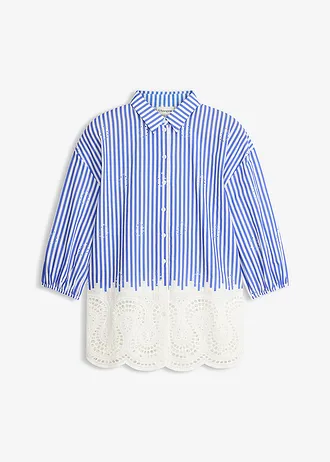 Oversized blouse met broderie anglaise, Kleur: blauw-wit gestreept