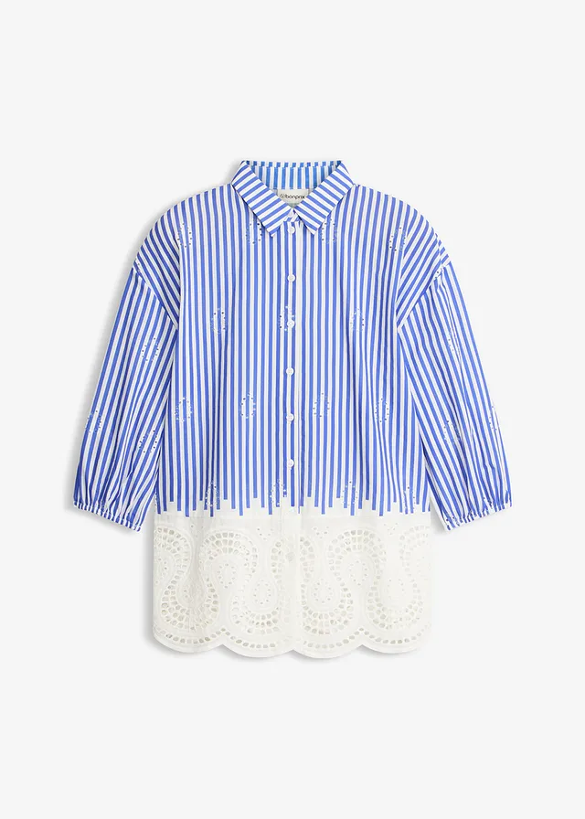 Oversized blouse met broderie anglaise, Kleur: blauw-wit gestreept