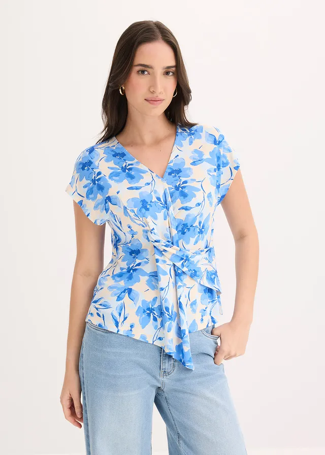 T-shirt avec détail nœud, Couleur: bleu floral