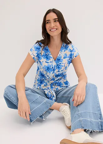 Bluzka z ozdobnym przewiązaniem • niebieski w kwiaty • sklep bonprix