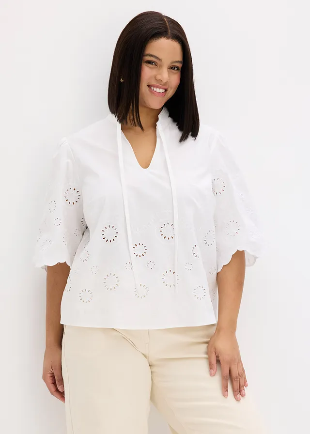 Korte tuniek met broderie anglaise, Kleur: wit
