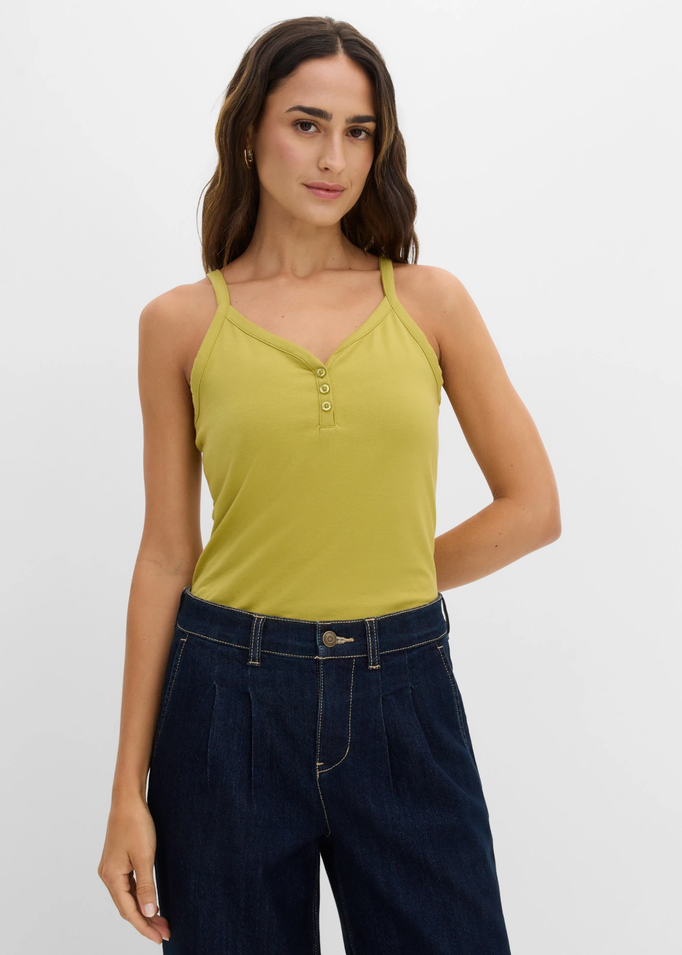 Lot de 2 tops bretelles spaghetti en jersey coton • vert cactus-écru • Boutique bonprix