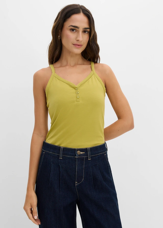 Top met spaghettibandjes en biologisch katoen (set van 2), Kleur: cactusgroen-wolwit