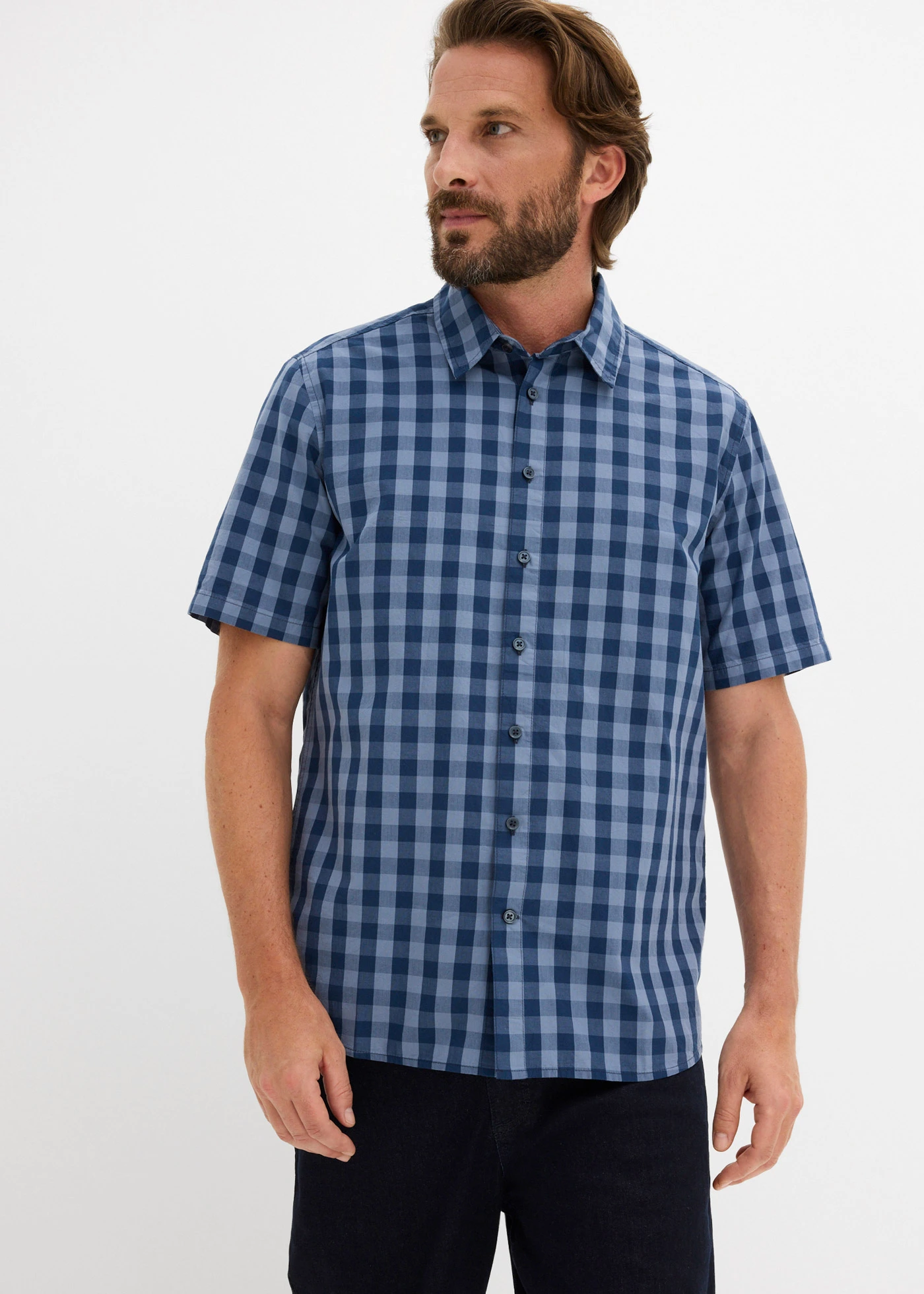 Košeľa s krátkym rukávom z čistej bavlny • dymovo modrá-sýta modrá kárované • obchod bonprix