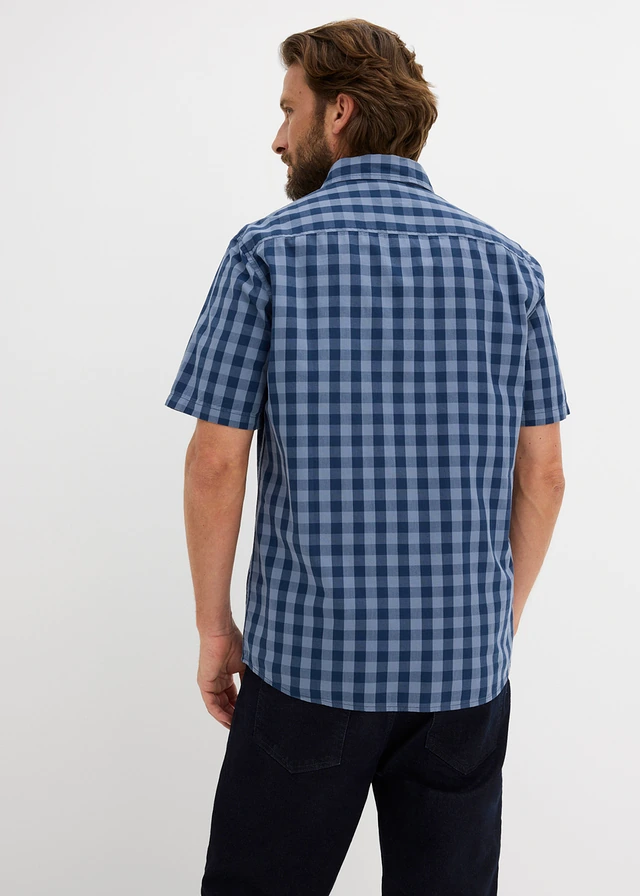 Chemise manches courtes 100% coton, Couleur: bleu fumé-bleu profond carreaux