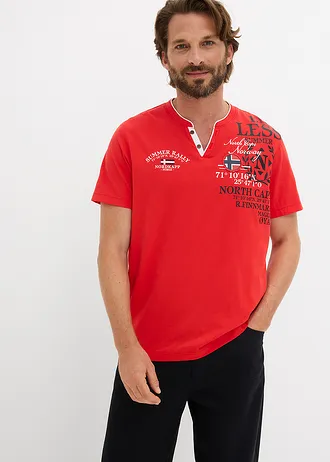 Tricou henley cu mâneci scurte din bumbac 100% • roșu-căpșună cu imprimeu • magazin bonprix